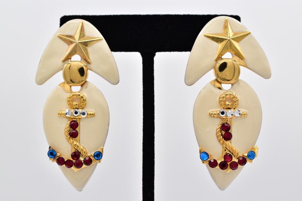 Vintage Statement Star Nautical Earrings Crystal Red White Blue Anchor 80s BinAI